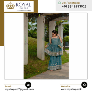 Fabricant indien de vêtements ethniques Designer de mariage et de fête Faux Georgette Sharara Set Salwar Suit avec broderie - Product Image 2