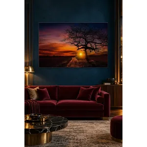 Silhouette d'arbre ancien Fida au coucher de soleil rouge vif, impression sur toile - Product Image 1