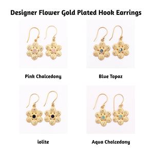 Pendientes de piedras preciosas de Calcedonia Rosa chapados en oro hechos a mano diseño de flores forma pequeña colgante texturizado estilo gota pendientes - Product Image 2