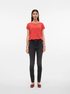 Camiseta de Manga Corta con Cuello Redondo para Mujer, Color Sólido, Corte Regular, Algodón Jersey, Informal, Verano, Transpirable, Ecológica, con Logotipo, Roja - Product Image 4