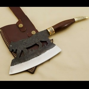 Cuchillo de carnicero para carne hecho a mano, cuchillo de carnicero de acero al carbono, mango de refuerzo de latón de madera, Funda de cuero, cuchillos de cocina OEM de grado DIY - Product Image 5