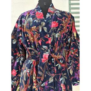 Luxury Unisex Robe Floral Blue Malibu Bluish Velvet <b>Kimono</b> <b>Jacket</b> Reversible <b>Silk</b> Lined Soft Autumn Winter Gift - Product Image 2