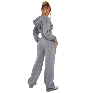 Top corto lavado ácido chándales para fabricación personalizada de mujeres en calidad superior 100% algodón sudaderas con capucha chándal - Product Image 2