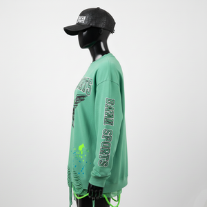 T-shirt à manches longues de qualité supérieure en coton et polyester, vert doux, ourlet déchiré, panneau en maille, impression sur écran, t-shirt à manches longues personnalisé en coton - Product Image 3