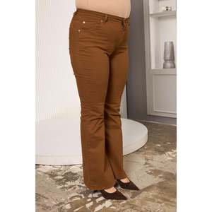 RMG Plus Size Women's Camel Cotton Blend Flare Leg <b>Pants</b> - Comfortable High Waist <b>Boot</b> Cut Trousers for Casual Wear - Product Image 3