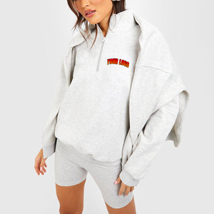 Recién llegado 100% algodón 2 uds chándal de mujer de gran tamaño media cremallera sudadera Biker conjunto corto sólido rodilla personalizado Jogging - Product Image 1