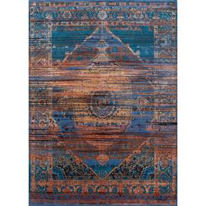 Tapis en laine et soie de bambou noué à la main bleu Viscaya, motif médaillon rectangulaire, patchwork abstrait pour la maison, le couloir, la chambre - Modèle Srb(777) - Product Image 1