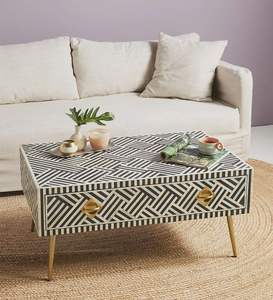 Mesa de Centro con Cajones y Incrustaciones de Hueso, Mueble de Salón que Combina Funcionalidad y Atractivo Decorativo - Product Image 3
