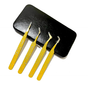 Ensemble de 4 pinces à cils en acier inoxydable avec poignée en diamant jaune doré pince à épiler de couleur personnalisée vente en gros - Product Image 1