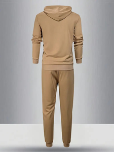 "Ensemble de survêtements en polaire beige pour hommes, sweat à capuche décontracté et joggeurs, tenue en coton mélangé doux pour la salle de sport, le streetwear ou le confort de tous les jours" - Product Image 5
