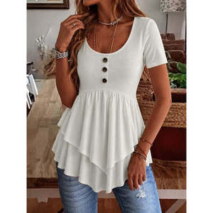Blusa de viscosa con corte asimétrico y botones en la parte delantera, cuello redondo y manga corta para mujer, 33849 - Product Image 2