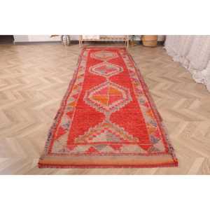 Turkish Rug, 2.8x9.8 ft <b>Runner</b> Rug, <b>Red</b> Striped Wool Vintage Rug - Product Image 2
