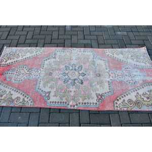 Vintage Rug 2.9x6.8 ft, <b>Red</b> Blue Bordered <b>Wool</b> Turkish Rug - Product Image 3