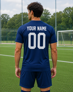 Maillot de football personnalisé bleu marine, impression par sublimation du nom et du numéro, 100% polyester, séchage rapide, uniforme d'équipe, vente en gros OEM - Product Image 4