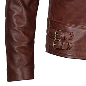 Men's Genuine <b>Leather</b> Slim Moto Biker <b>Jacket</b> Mandarin Collar Waterproof Zipper Closure <b>Winter</b> Outerwear - Product Image 5