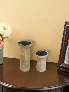 Wooden <b>Candle</b> Stand Tapered Design (in White Brushed Finish, <b>Set</b> of 2 with <b>Candles</b>)design features a hand-crafted wooden <b>candle</b> - Product Image 4