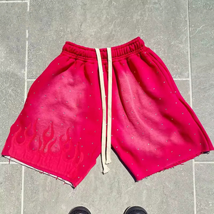 Fabricante de logotipo personalizado, ropa de calle, pantalones cortos de estilo, pantalones cortos de algodón con diamantes de imitación desteñidos al sol y serigrafía para hombre - Product Image 4