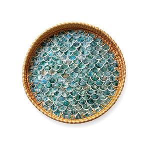 Handmade natural rattan round serving tray with Mother of Pearl inlay for coffee table decor from Vietnam - Product Image 1