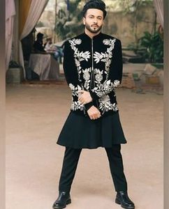 Abrigo de terciopelo y seda bordado Zari pesado para hombre, traje de pantalón Kurta, zapatos a juego, ropa de boda/Fiesta, antideslizante, a prueba de viento, de talla grande - Product Image 6
