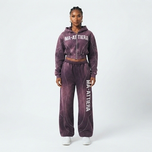Conjunto de Sudadera Corta con Cremallera y Pantalones Jogger de Pierna Ancha para Mujer, Morado, con Lavado Ácido, de Algodón y Felpa, Estilo Urbano, OEM al por Mayor - Product Image 1