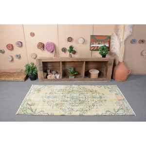 Vintage Turkish Rug Large Area 3.2 X 6.7ft <b>Yellow</b> Green <b>Wool</b> Abstract Patchwork Design for Hallway Rectangular Latex Room Rug - Product Image 4