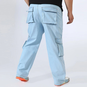Jean cargo homme délavé, grande taille, coupe ample, taille mi-haute, en denim de coton, style décontracté, poches plaquées, tissu tissé, fermeture boutonnée - Product Image 2