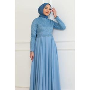 Vestido de Fiesta Azul Bebé 6137 con Detalle de Perlas, Cintura Natural y Patrón de Patchwork - Product Image 2