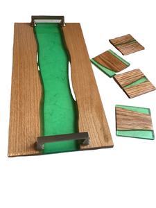 Bandeja de seguridad alimentaria hecha a mano con juego de posavasos de 4 piezas Bandeja de servicio de madera de acacia y resina con mango de metal restaurante y suministros de hotel - Product Image 3