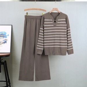 Conjunto de dos piezas de otoño holgado informal para mujer, Top de manga larga de punto a rayas con cuello en V y pantalones de pierna ancha de cintura alta, traje de invierno - Product Image 6