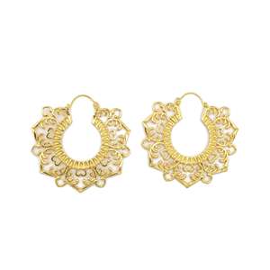 Trendy Vintage <b>Floral</b> Circle Ear <b>Hoops</b> Antique Geometric Brass Lotus Flower Shape Handmade Fashionable Drop Earrings Jewelry - Product Image 1