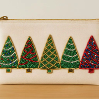 Pochette à monnaie vintage à fermeture éclair, ornée de perles et de mini-paillettes, motif sapin de Noël, pochette cosmétique de luxe pour les fêtes, vente en gros