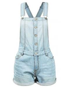 Denim High Quality <b>Short</b> <b>Dungaree</b> for <b>Women</b> Light Wash Distressed Vintage Effortless Style Bib Overall Button Printed Trendy - Product Image 2