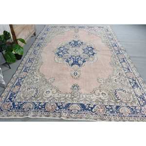 Vintage Turkish Rug 6.9 X 10.2ft <b>Pink</b> Blue Patchwork Design Flat Weave <b>Wool</b> with Latex Backing for Living Room Decorations - Product Image 4