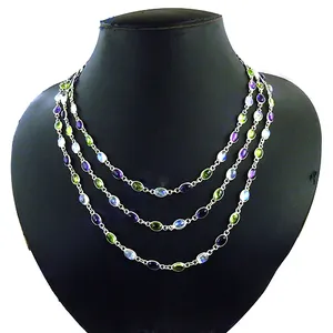 925 Sterling Silver Rose Gold Plated <b>Fashion</b> Layered Geometric <b>Necklace</b> with Multi-Gemstones and Claw Setting for Women's Gift - Product Image 1