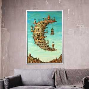 Printed Canvas: Dreamy Fantasy Moon & Sky Architecture Art,White <b>Framed</b> - Product Image 1