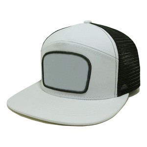 White 7-Panel <b>Flat</b> Brim Snapback Trucker <b>Hat</b> with Blank Patch for Printing Promotional Mesh Cap Custom Logo <b>Hat</b> Vietnam Made - Product Image 1