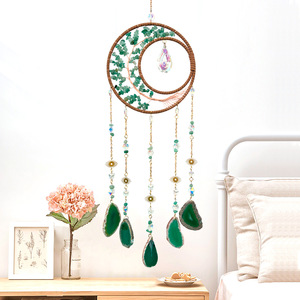 Atrapasueños Bohemio de Ratán para Colgar en la Pared con Cristales de Ágata Verde y Cadenas de Cuentas, Diseño Circular para Decoración del Hogar - Product Image 3