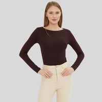 Body de Manga Larga con Cuello Redondo para Mujer, Ajuste Delgado, Color Sólido, Tejido de Punto, Mezcla de Algodón y Elastano, Estilo Minimalista, para Todas las Temporadas