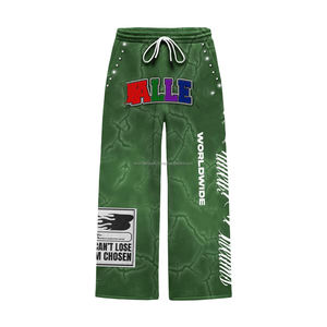 Pantalon de survêtement en molleton de coton brossé de haute qualité 320 GSM vert foncé avec imprimé graphique et broderie appliquée - Product Image 1