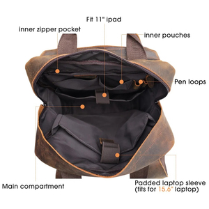Vintage Genuine <b>Leather</b> <b>Backpack</b> Large Capacity Multi-Pocket Design Brown Men's <b>Laptop</b> Bag for Daily Use - Product Image 5
