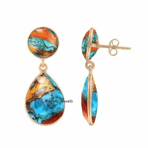 2024 Gold Plated Jewelry 925 Sterling Solid Silver Spiny Oyster Copper Turquoise Round Studded Dangling Bezel Earring For Woman