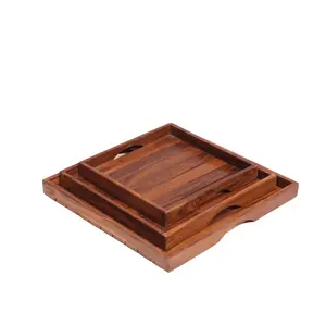 Bandejas de servir de madera hechas a mano, bandejas rectangulares apilables, acabado en madera natural, decoración para el hogar, cocina, comedor, organización de mesa - Product Image 1