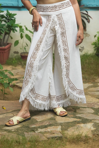 Pantalones Palazzo de algodón orgánico con estampado de bloques a mano, cintura elástica con flecos bohemios, estilo informal de pierna ancha, tipo de cintura media, estampado de algodón 100% - Product Image 5