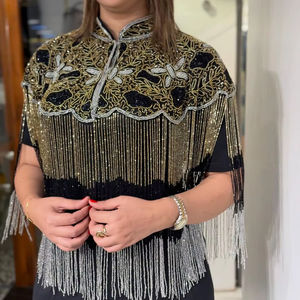 Poncho de soirée/formel pour femme, style droit, orné de cristaux, brodé à la main, col carré, perles, taille unique - Product Image 1