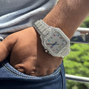 VVS Moissanite นาฬิกาผู้ชายประดับเพชรสแตนเลสสีขาวชุบทองแบบโรมันนาฬิกาผู้ชายฮิปฮอปสำหรับเป็นของขวัญวันเกิด - Product Image 1