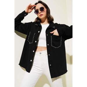 Chaqueta Gabardina Mujer con Bolsillos Piedras Color Negro - Product Image 1