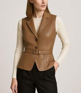 <b>Women</b> Genuine Leather Sleeveless Blazer Vest Belted Slim Fit Leather <b>Waistcoat</b> - Product Image 4