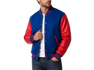 Blousons universitaires en cuir bleu et rouge, respirants, avec broderie et patchs, logo personnalisé, manches longues, style preppy, vente en gros - Product Image 1