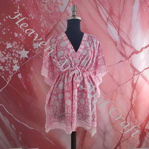 100% algodón Mujer ropa de dormir bloque de mano estampado Kaftan vestido KFCS177 peso ligero mujeres Casual ocasión desgaste corto caftán vestidos - Product Image 5