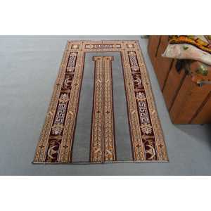 Vintage Turkish Small Rug 2.7x4.7 ft, <b>Brown</b> Gray Ombr <b>Wool</b> Rug - Product Image 1